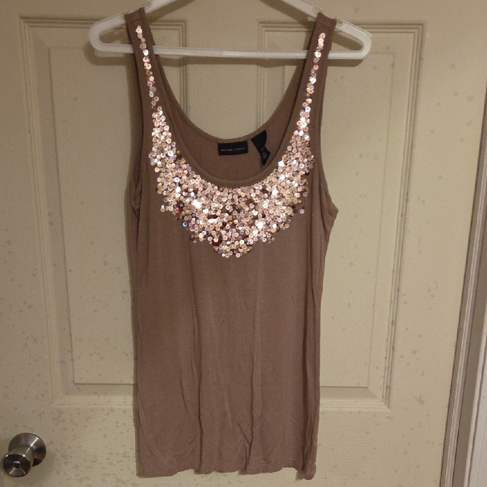 New York & Company Tan Sequin Tank Top